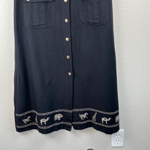 Vintage Lemon Grass Black Safari Linen Button Down Sleeveless Midi Dress Medium - Picture 8 of 15